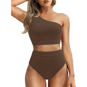 Brown Women One Shoulder High Waisted Bikini Med Two Piece Swimsuit Tummy Co...